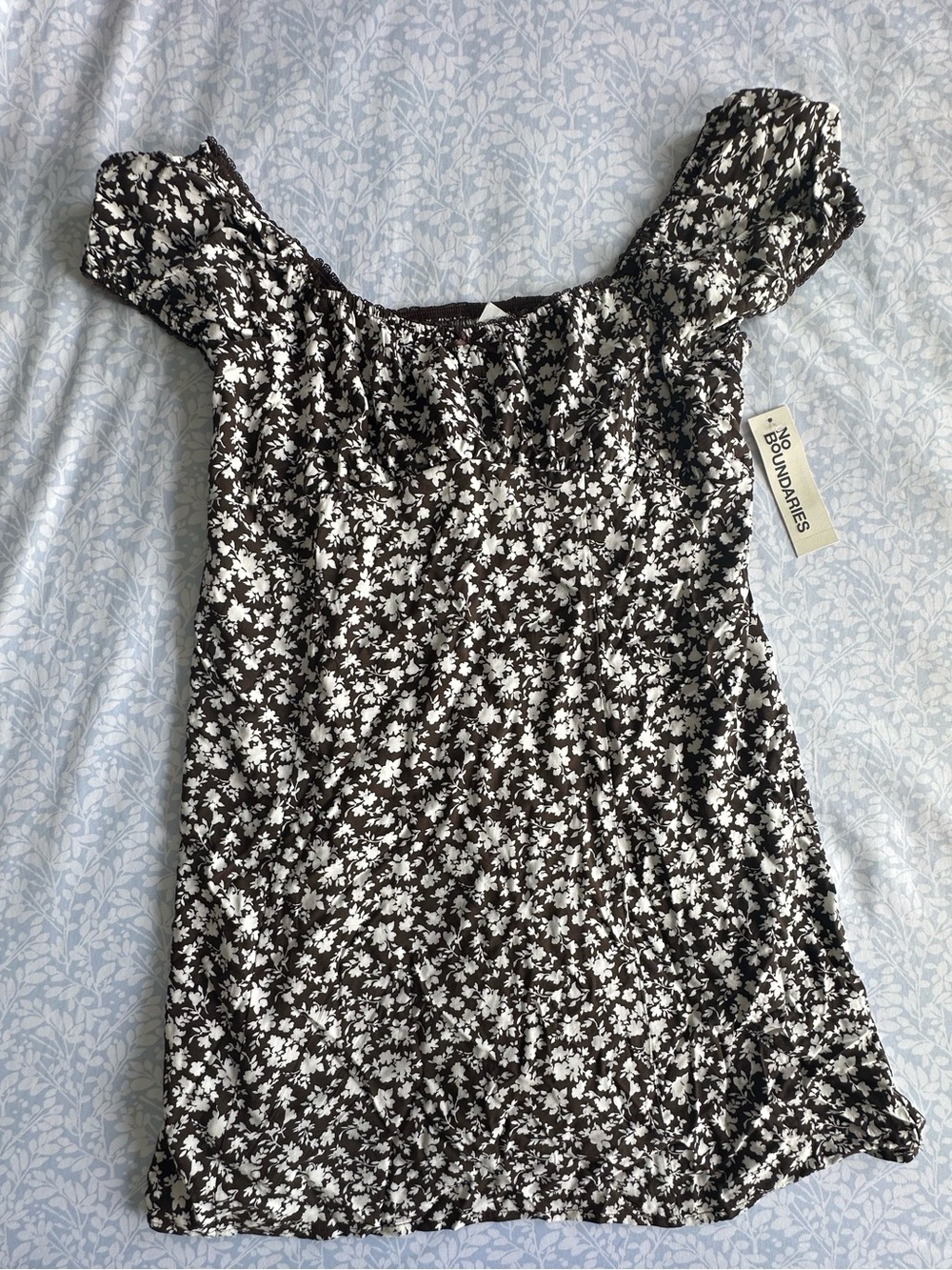 No Boundaries Brown and White Floral Square-Neck Puff Sleeve Dress
